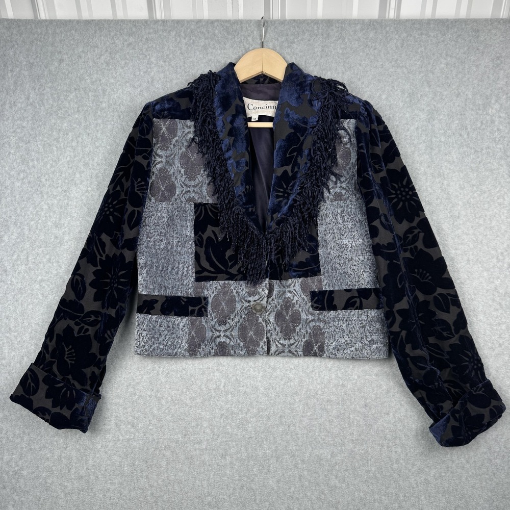 Concinno Patchwork Blazer Womens Medium Navy Blue Burnout Velvet Fringe Cropped